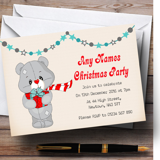 Cute Teddy Holding Present Personalized Christmas Party Invitations