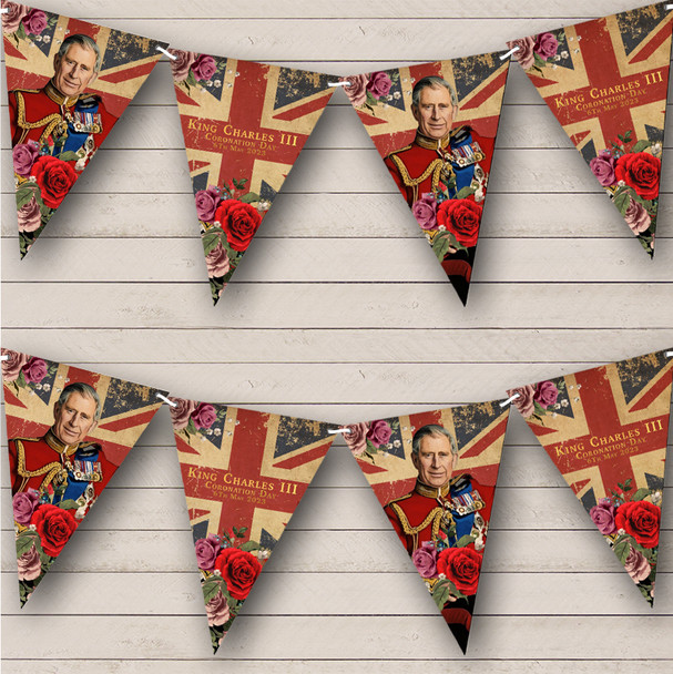 Floral Vintage UK Flag His Majesty King Charles Coronation Flag Banner Bunting