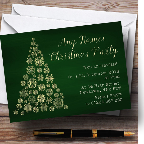 Green & Gold Snowflake Xmas Tree Personalized Christmas Party Invitations