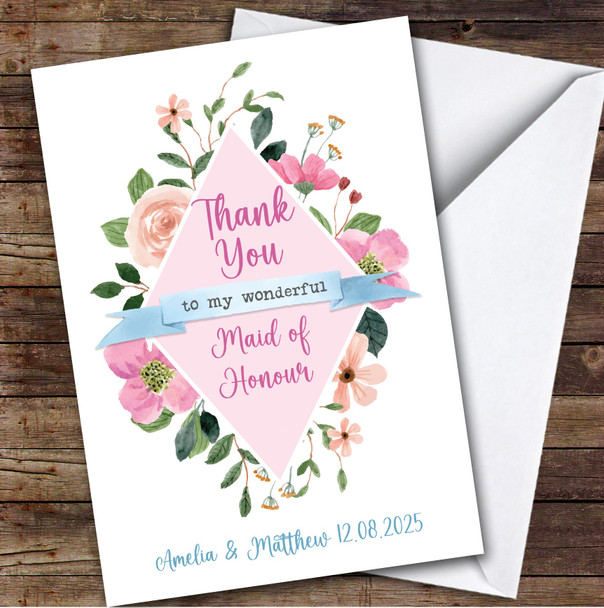 Maid Of Honour Thank You Flower Pink Floral Blue Pretty Personalized Card