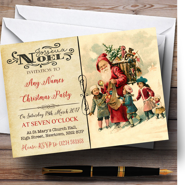 Noel Vintage Postcard Santa & Children Personalized Christmas Party Invitations