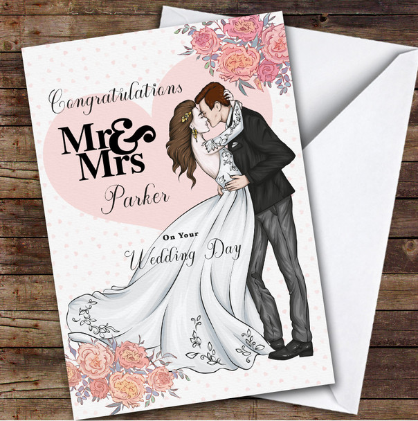 Congratulations Pink Floral Wedding Day Couple Personalized Greetings Card