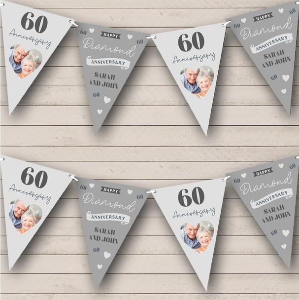 60th Wedding Anniversary Diamond Photo Hearts Personalized Party Banner Bunting