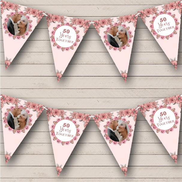 Pink Flowers Wedding Anniversary Custom Photo 50 Years Personalized Bunting