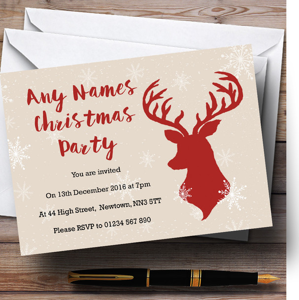 Red Stag and Snowflakes Personalized Christmas Party Invitations