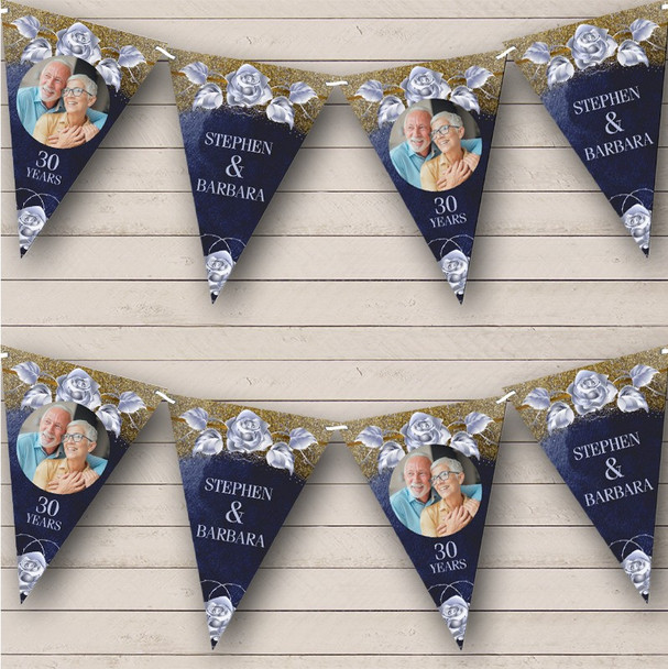 Silver Gold Blue Flowers Glitter Anniversary Photo Personalized Banner Bunting