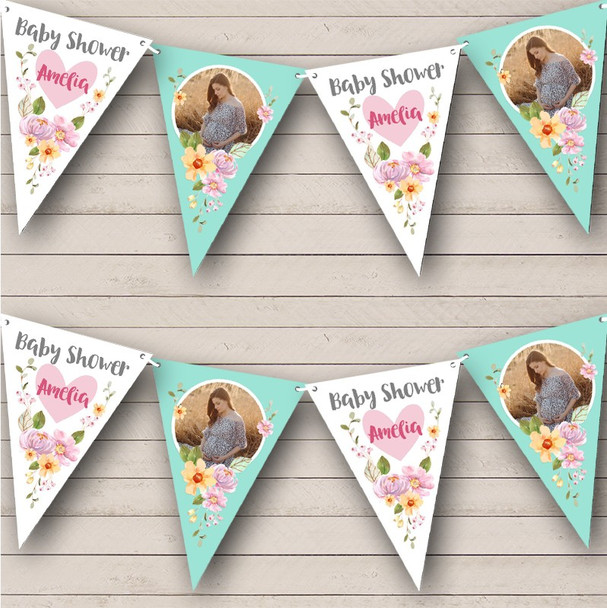 Flower Baby Shower Heart Photo Pretty Floral Personalized Party Banner Bunting