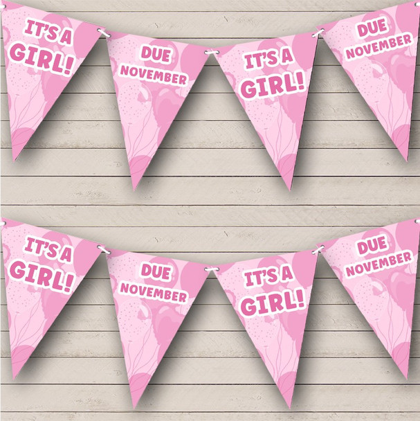 It's A Girl Baby Shower Pink Heart Balloons Due Date Personalized Banner Bunting