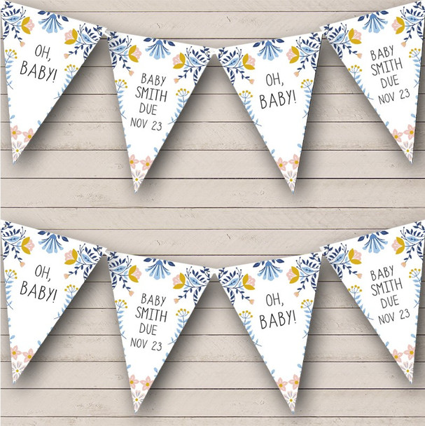 Oh Baby New Baby Shower Due Date Scandi Flowers Personalized Banner Bunting