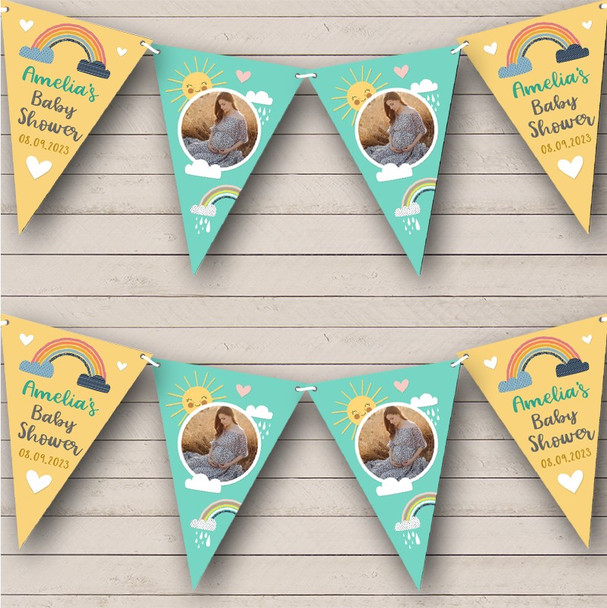 Rainbow Baby Shower Cute Yellow Photo Personalized Party Banner Bunting