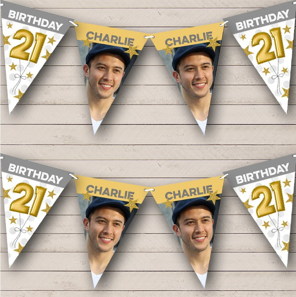 21st Birthday Balloons Photo Gold Grey Stars Personalized Party Banner Bunting