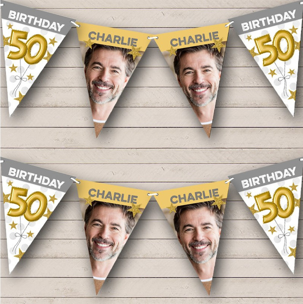 50th Birthday Balloons Photo Gold Grey Stars Personalized Party Banner Bunting