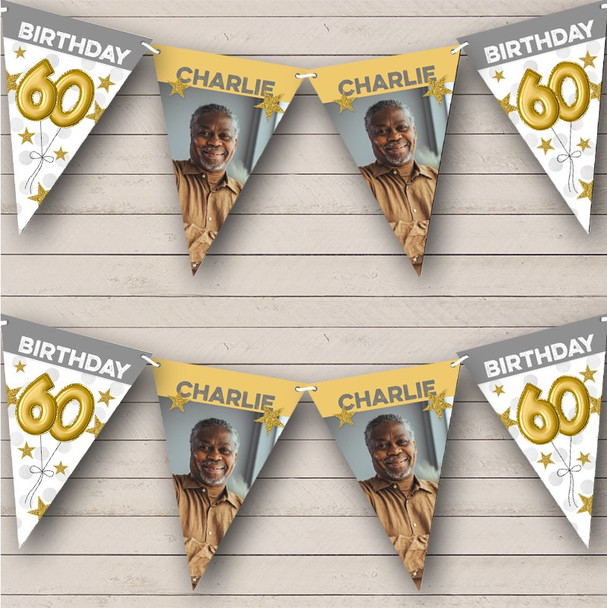 60th Birthday Balloons Photo Gold Grey Stars Personalized Party Banner Bunting