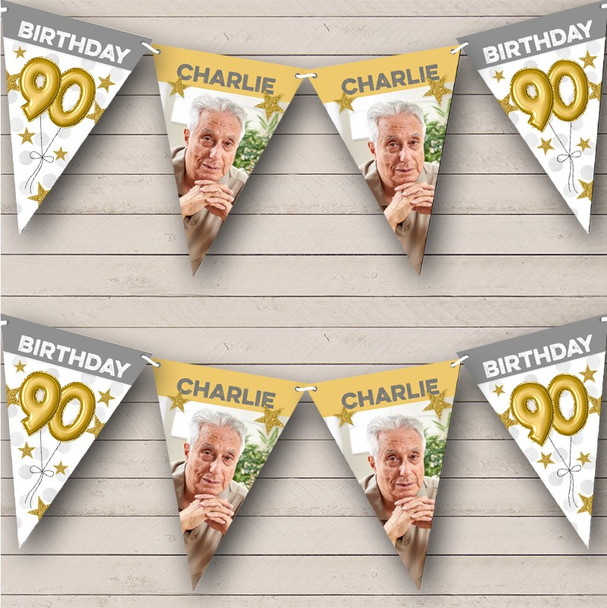 90th Birthday Balloons Photo Gold Grey Stars Personalized Party Banner Bunting