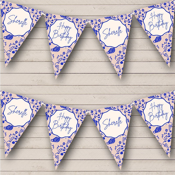 Bright Blue Nordic Birds Pattern Lace Happy Birthday Personalized Banner Bunting