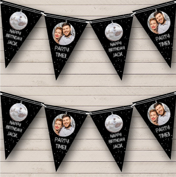 Disco Theme Neon Black & Silver Photo Birthday Personalized Banner Bunting