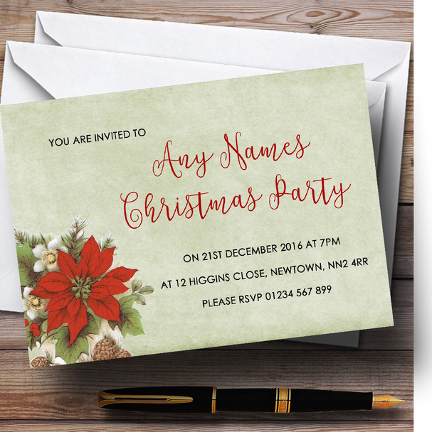 Vintage Poinsettia Personalized Christmas Party Invitations