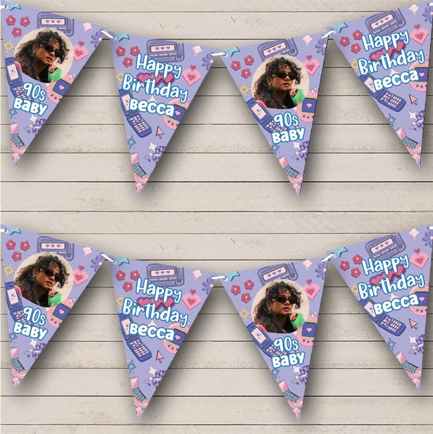 Nostalgia 90'S Theme Purple Gadgets Birthday Photo Personalized Banner Bunting