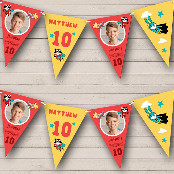 10th Birthday Boy Kids Superhero Red Photo Red Any Age Personalized Bunting