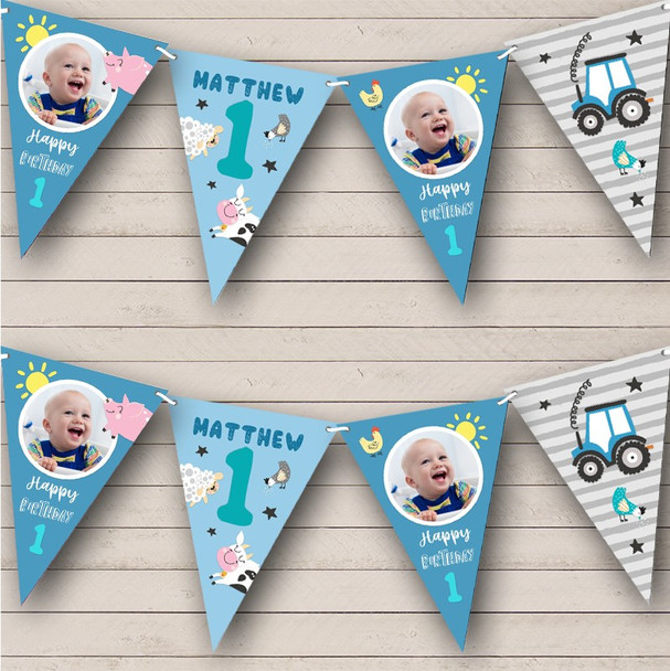 1st Birthday Boy Baby Farm Animals Tractor Photo Any Age Personalized Bunting