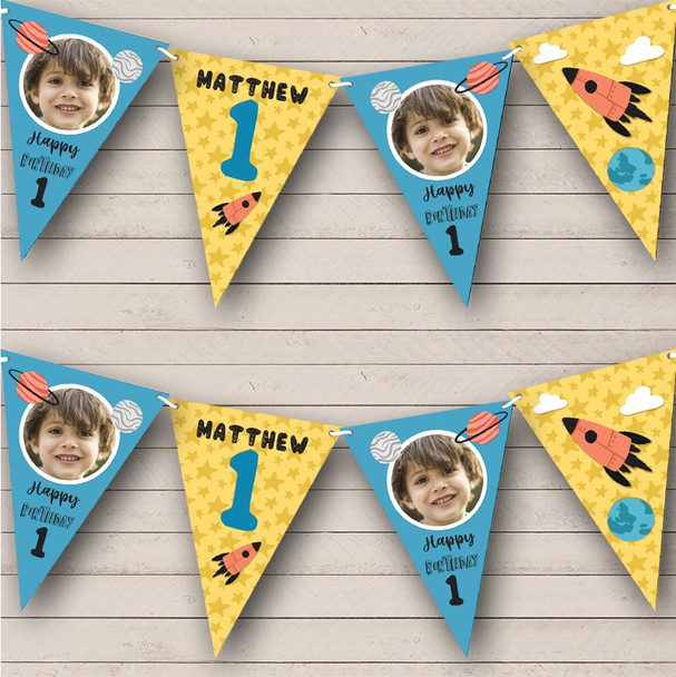 1st Birthday Boy Out Of Space Stars Yellow Photo Any Age Personalized Bunting