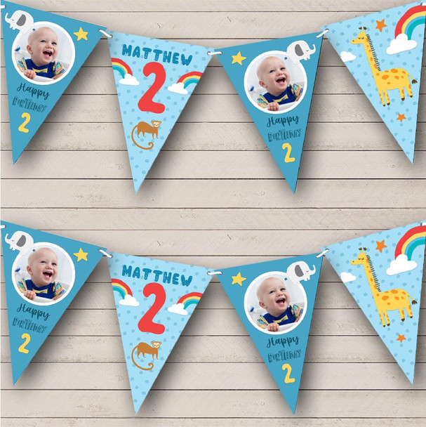 2nd Birthday Boy Baby Animals Zoo Photo Blue Any Age Personalized Banner Bunting