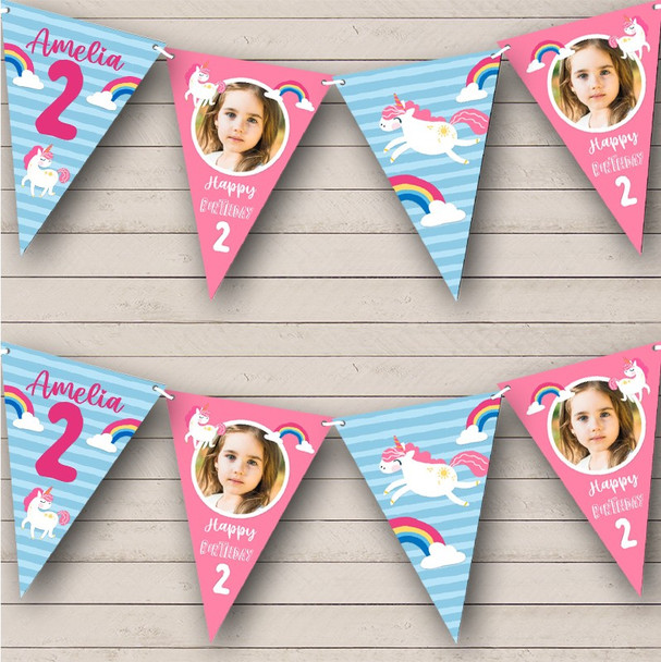 2nd Birthday Girl Kids Unicorn Rainbow Pink Photo Any Age Personalized Bunting