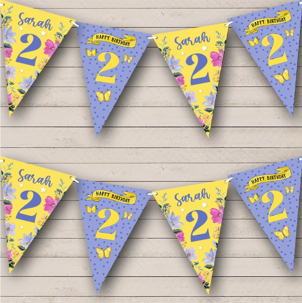 2nd Birthday Girl Pretty Flowers Purple Yellow Any Age Personalized Bunting