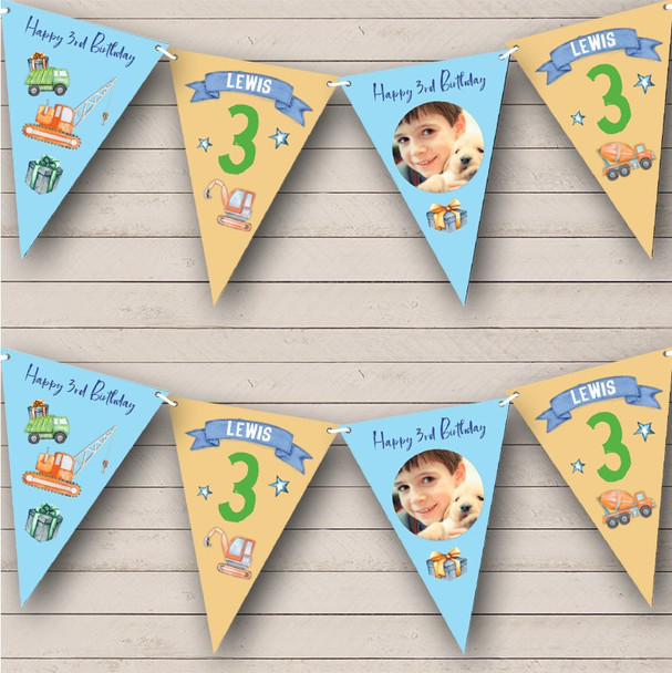 3rd Birthday Boy Cars Trucks Toys Blue Orange Photo Any Age Personalized Bunting