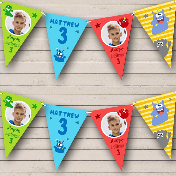 3rd Birthday Boy Monster Bright Photo Stars Any Age Personalized Banner Bunting