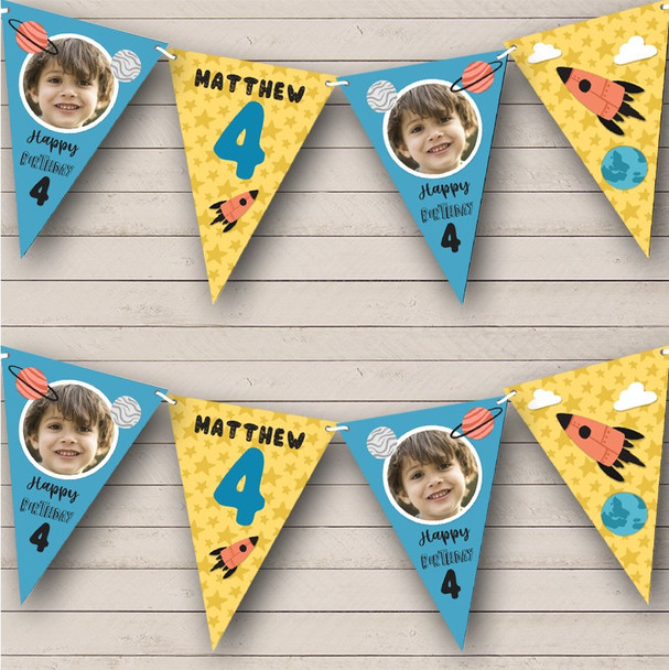 4th Birthday Boy Out Of Space Stars Yellow Photo Any Age Personalized Bunting