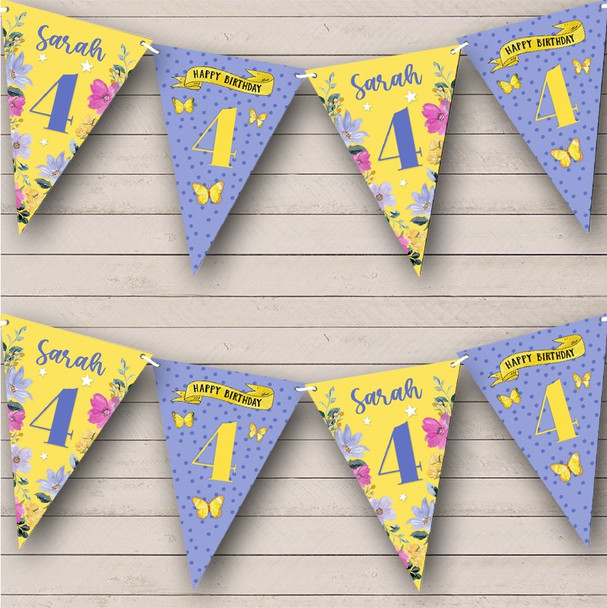 4th Birthday Girl Pretty Flowers Purple Yellow Any Age Personalized Bunting