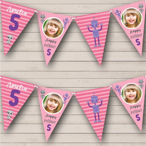 5th Birthday Girl Kids Robot Cute Pink Purple Photo Any Age Personalized Bunting