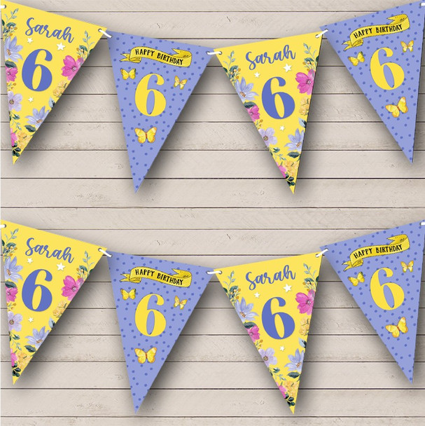 6th Birthday Girl Pretty Flowers Purple Yellow Any Age Personalized Bunting