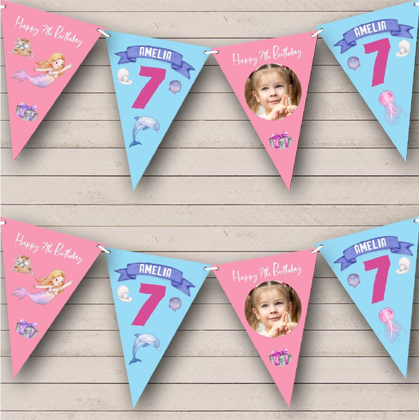 7th Birthday Girl Kid Mermaid Underwater Photo Any Age Personalized Bunting