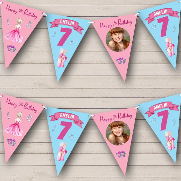 7th Birthday Girl Kids Painted Ballet Pink Photo Any Age Personalized Bunting