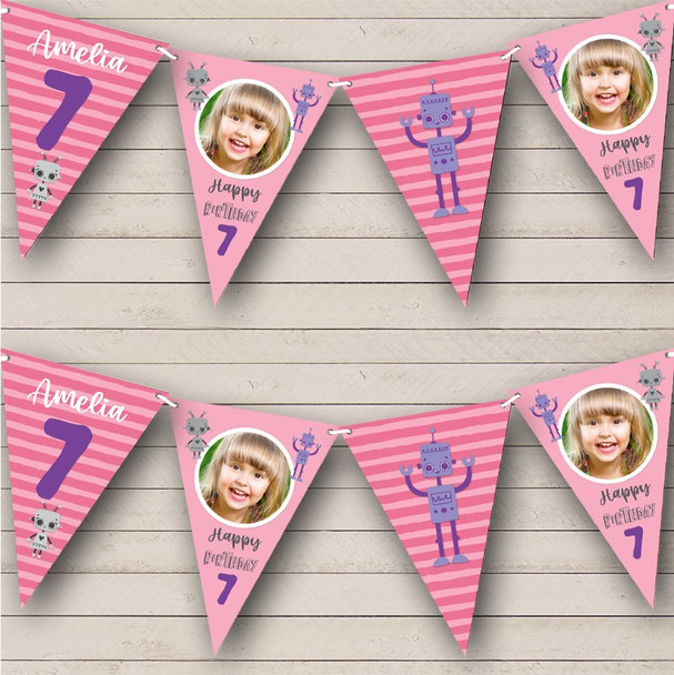7th Birthday Girl Kids Robot Cute Pink Purple Photo Any Age Personalized Bunting