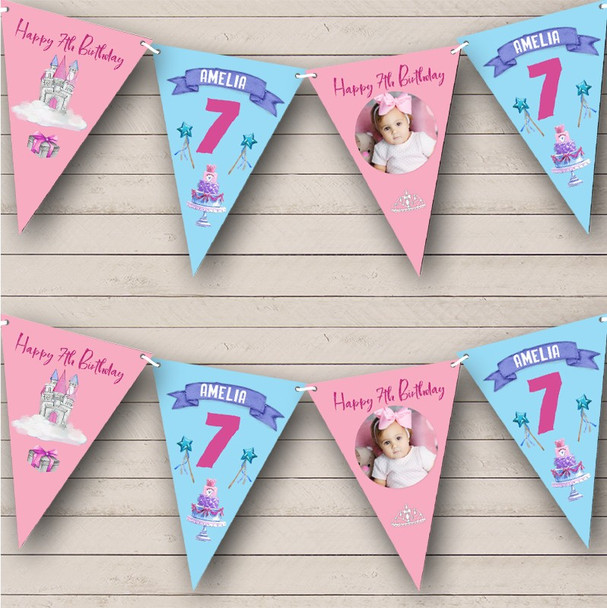 7th Birthday Girl Princess Castle Pink Photo Any Age Personalized Bunting