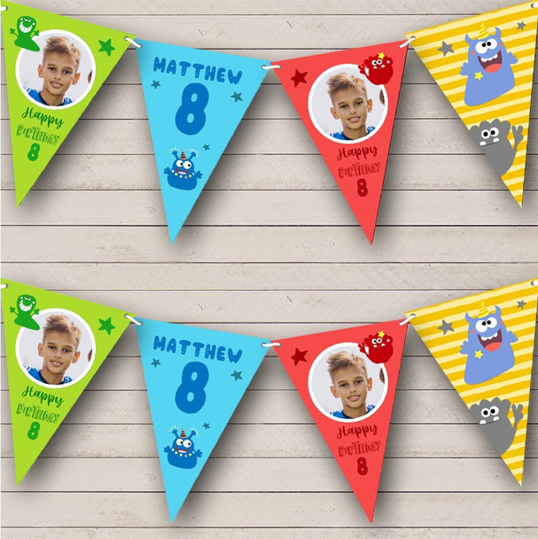 8th Birthday Boy Monster Bright Photo Stars Any Age Personalized Banner Bunting