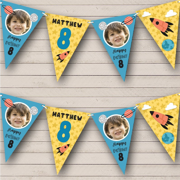 8th Birthday Boy Out Of Space Stars Yellow Photo Any Age Personalized Bunting