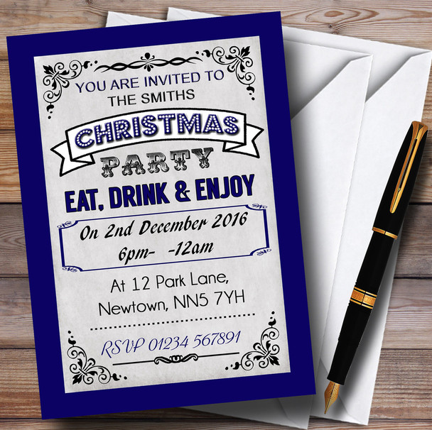 Blue Vintage Carnival Personalized Christmas Party Invitations