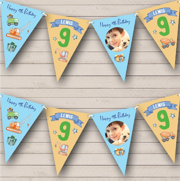 9th Birthday Boy Cars Trucks Toys Blue Orange Photo Any Age Personalized Bunting