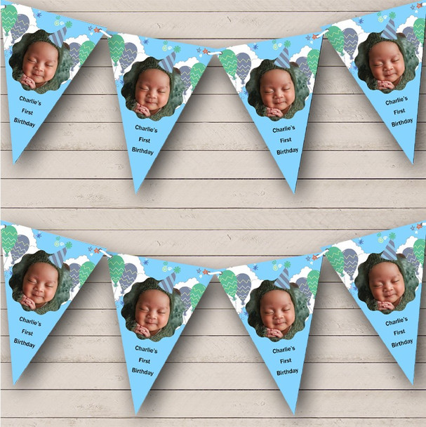 Birthday Balloons Party Hat Baby Photo Personalized Party Banner Bunting