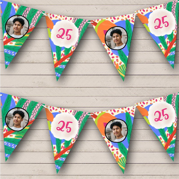 Bright colorful Jungle Pattern Birthday Age Photo Personalized Banner Bunting