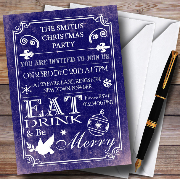 Old Vintage Eat Drink Be Merry Blue Personalized Christmas Party Invitations