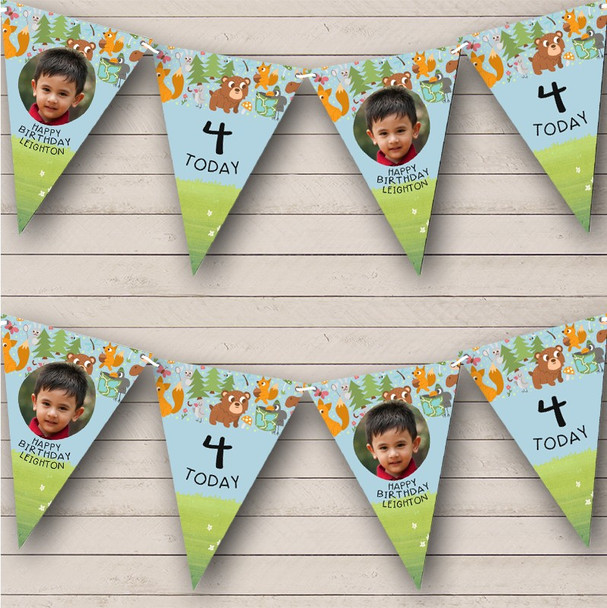 Cute Forest Animals Kids Birthday Age Photo Personalized Party Banner Bunting
