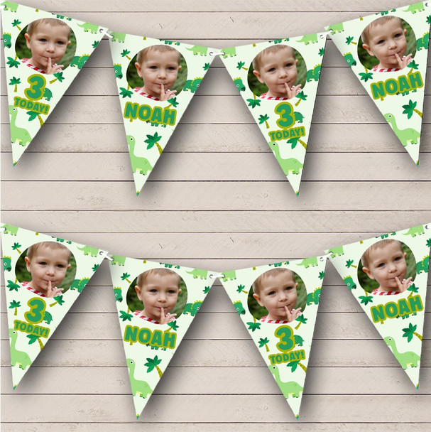Cute Green Dinosaur Kids Birthday Photo Age Personalized Party Banner Bunting