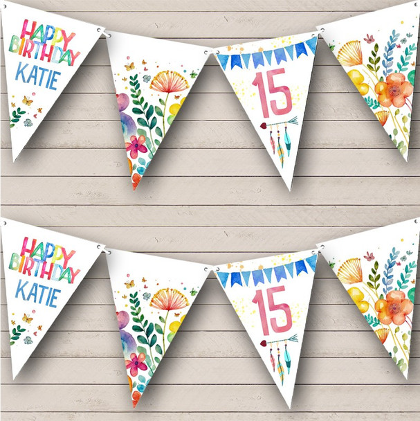 Floral Watercolor Bright colorful Birthday Age Personalized Banner Bunting