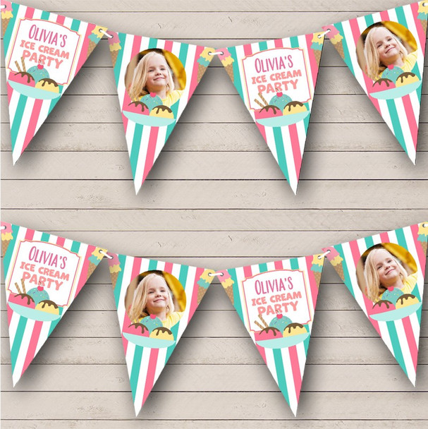 Ice Cream Birthday Pastel Party Stripes Photo Personalized Party Banner Bunting