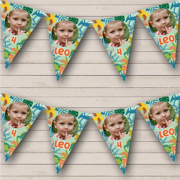 Jungle Leaves Dinosaur Boys Birthday Age Photo Personalized Party Banner Bunting